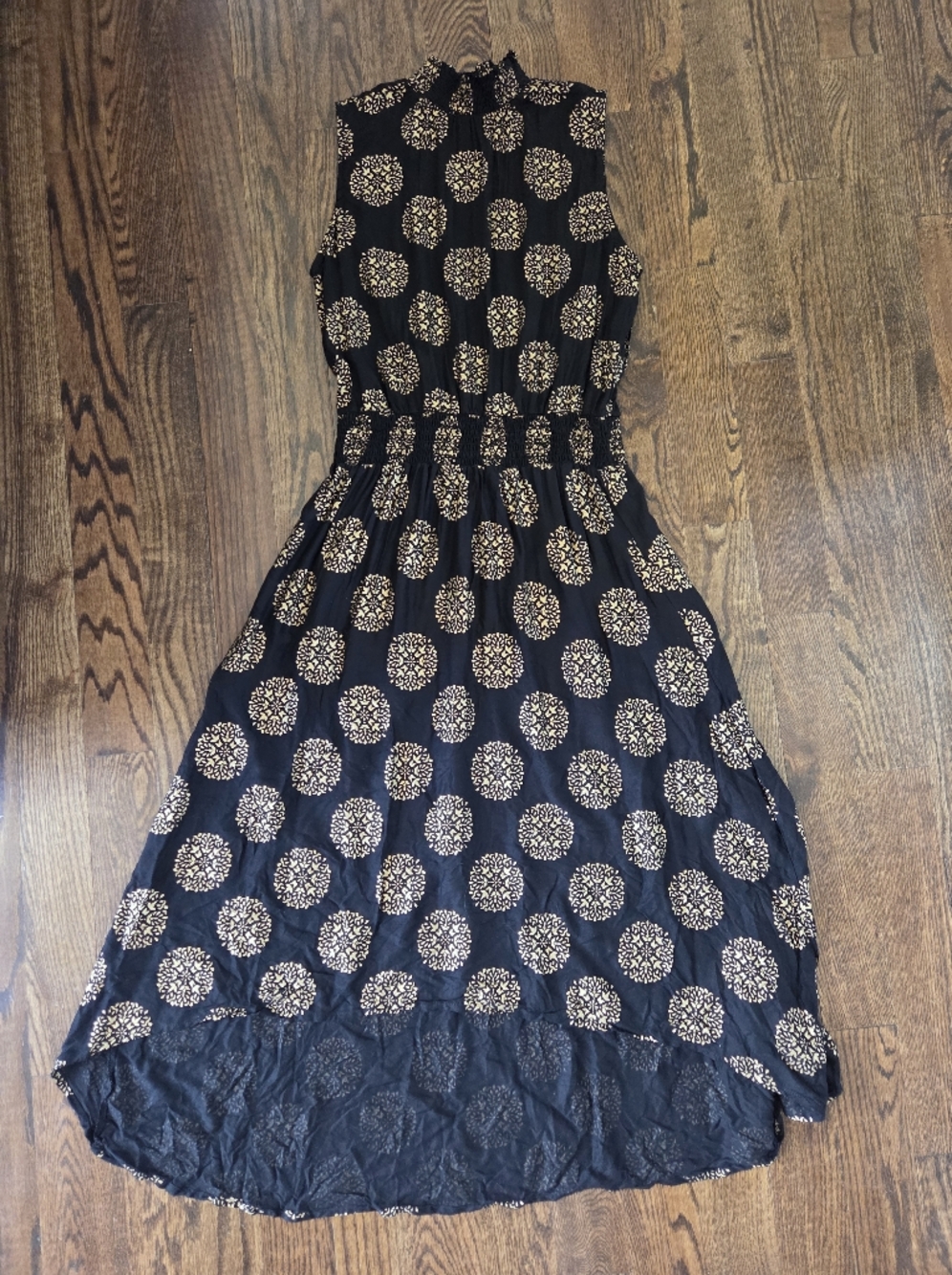 Sleeveless Black High-Low Dress with Gold Medallion Print And Elasticized Waist